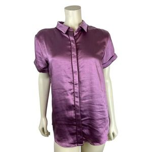 Wildfang Short Sleeve Empower Satin Button Up Shirt S Purple Womens Small Collar